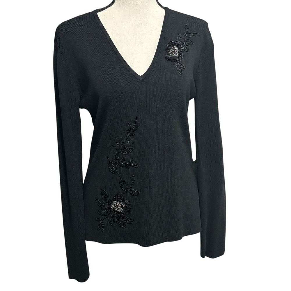 Finity Studio Embellished Knit V-Neck Top Sz L Black